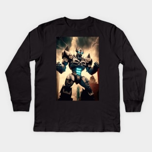 Monster giant robot cyborg attacking the city Kids Long Sleeve T-Shirt